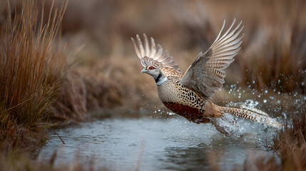 Pheasant taking flight over water with wings spread in a natural outdoor setting in the wild