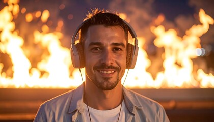 Man with headphones smiling in front of fire