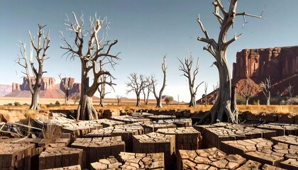Dried-up land, barren trees, red rock