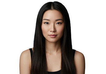 Naklejka premium Confident Asian woman with striking gaze, perfect hair, ready for beauty or business