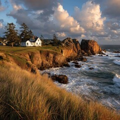 Coastal home atop cliffs at sunset
