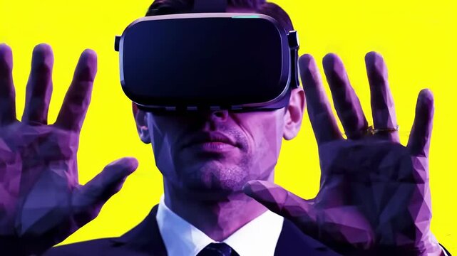 Geometric abstract businessman portrait. VR headset digital art. Futuristic vector in cubist low poly style. Neon colors and pixel glitch. Cyberpunk retro 80s tech concept. Yellow background