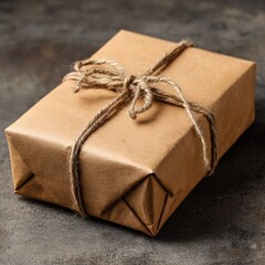 Brown gift box wrapped in rustic paper and tied with twine, placed on a textured surface, creating a warm and inviting atmosphere for special occasions