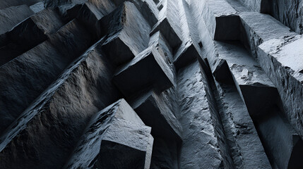 A low angle shot of basalt columns showing geometric shapes and textures in shades of gray and white