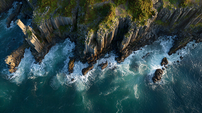 Aerial view of jagged cliffs meeting the turbulent ocean with crashing waves and rocky formations visible