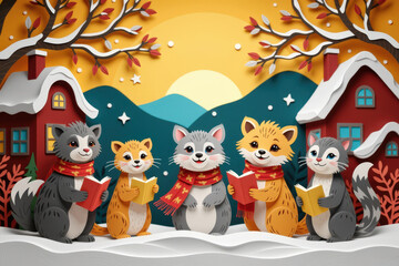 Obraz premium Paper cut, paper art for festive Christmas decoration holiday. Charming woodland animals sing together in a snowy landscape, surrounded by colorful houses and mountains under a warm sunset.