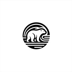 Stylized polar bear in a circular emblem with abstract landscape elements