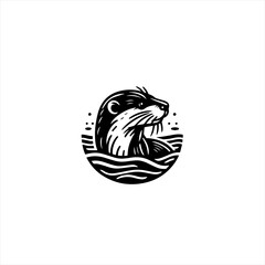 Black and white illustration of an otter in water