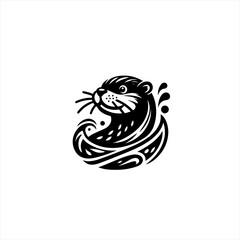 Stylized black and white otter illustration with water elements