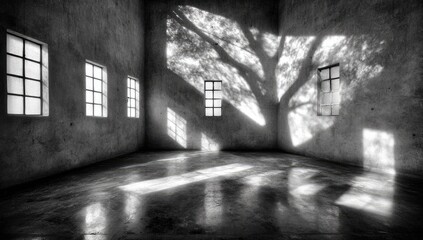 Interior space, shadowy, light & shadow play.  Gray walls, multiple windows, tree shadows
