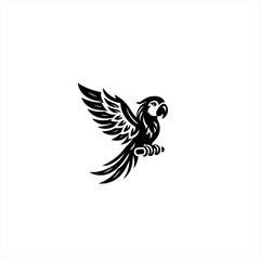 Stylized black silhouette of a macaw parrot perched on a branch