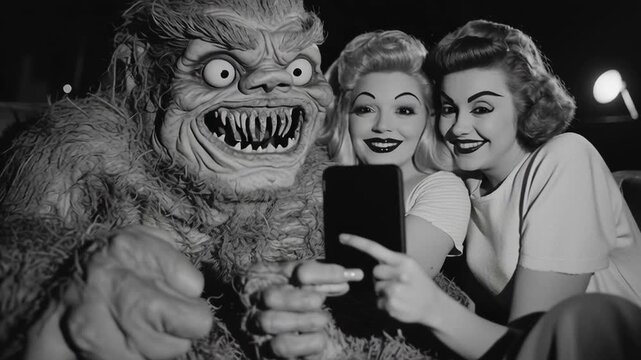 Old Movie Monster and Pretty Girls Posing for Selfie.