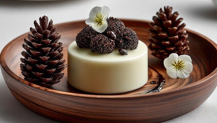 Elegant dessert presentation.  Creamy white dome, topped with dark clusters, sits on a wooden plate.  Pine cones and white flowers garnish