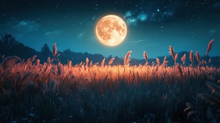 Full moon and Japanese pampas grass in midnight,The harvest Miscanthus sinensis and full moon,beautiful night sky in the countryside with the perfect moon exudes beauty in the dark.