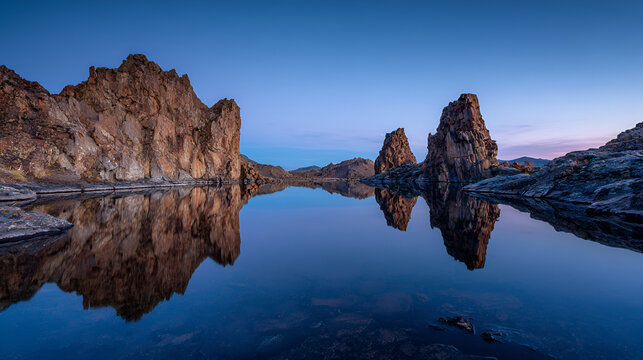 Calm lake reflecting rocky formations under a twilight sky in a serene landscape view - Powered by Adobe