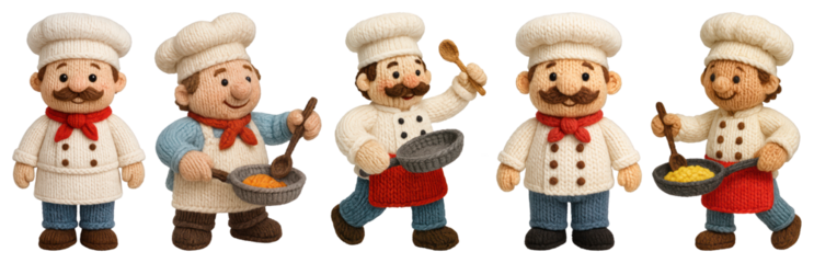 PNG Cute knitted chef figurines cooking, element set on transparent background