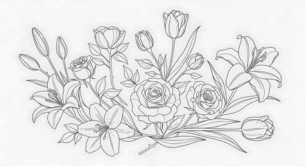 A detailed line drawing showcases a beautiful bouquet of roses, lilies, and tulips, arranged in an elegant and artistic composition.