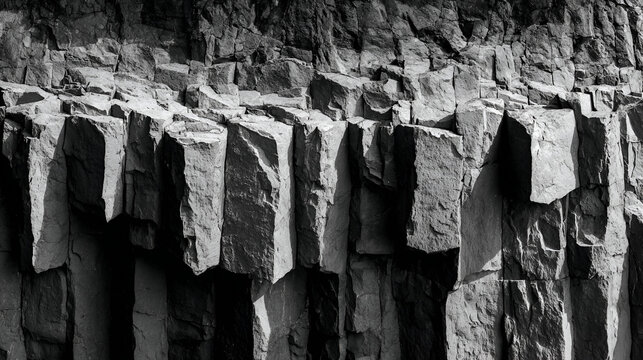 A monochrome image of basalt columns showing the geological rock formation in a close up view - Powered by Adobe