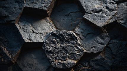 A close up shot of dark basalt columns showing hexagonal shapes and rough textured surface detail in shadows