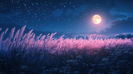 Full moon and Japanese pampas grass in midnight,The harvest Miscanthus sinensis and full moon,beautiful night sky in the countryside with the perfect moon exudes beauty in the dark.