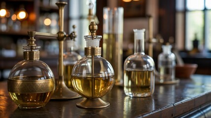 Apothecary lab with glass vials and liquid for science research and vintage medicine concepts