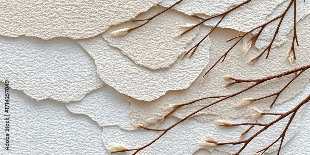 Poster organic paper texture background in soft white and beige with delicate branches and artistic design