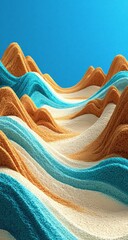 Abstract landscape of undulating, textured hills in light beige, cream, and teal colors against a vibrant blue sky