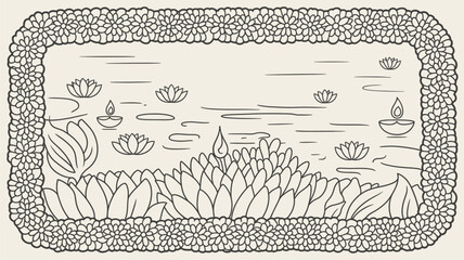 Outline drawing of lotuses and diyas floating on water surrounded by a flower border design