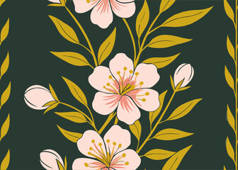 Beautiful floral print, seamless pattern, fabric design, wrapping paper, pink flowers on green background