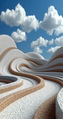 Abstract landscape with layered, swirling forms of light beige and white, set against a bright blue sky with puffy white clouds