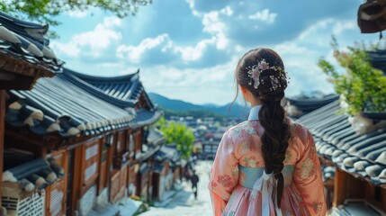 Back view of korean asian woman in traditional korean dress or hanbok dress walking in old palace in night with full moon, Seoul city, South Korea,copy space.