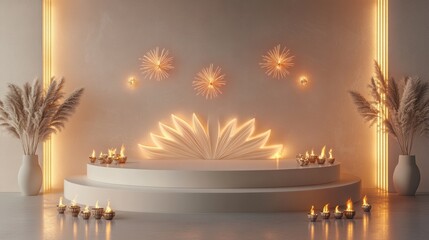 Banner design for diwali festival and podium,Diwali light decoration candle with fireworks,Stage,Product display Showcase design sparkle background,Deepavali,Dipavali,3D podium illustration.