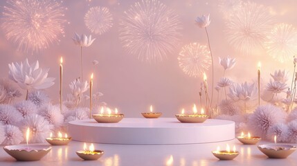 Banner design for diwali festival and podium,Diwali light decoration candle with fireworks,Stage,Product display Showcase design sparkle background,Deepavali,Dipavali,3D podium illustration.