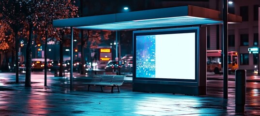 Vibrant Night Cityscape Featuring Illuminated Digital Billboard and Urban Bus Ride in Dark Sky