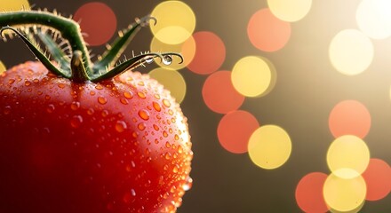 A close-up view of a vibrant red tomato, glistening with water droplets, set against a backdrop of soft, warm-toned bokeh circles.