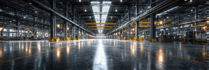 Internal view of large empty factory or warehouse with many overhead cranes and support beams in the daylight