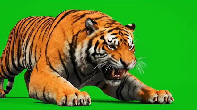 Fierce Tiger Roaring, Crouching Aggressively on Green Screen, Ready to Pounce for Compositing