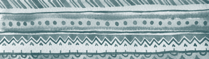 Ethnic abstract striped horizontal background. Dark teal raster watercolor ornate banner template.