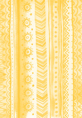 Ethnic abstract striped background. Yellow raster watercolor ornate backdrop.