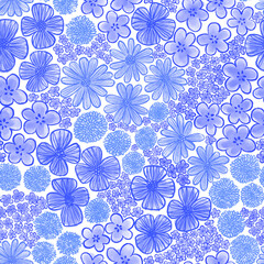 Small scattered floral seamless pattern. Monochrome blue meadow hand drawn repeat.
