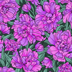 Graphic purple tulips seamless pattern. Raster floral background.