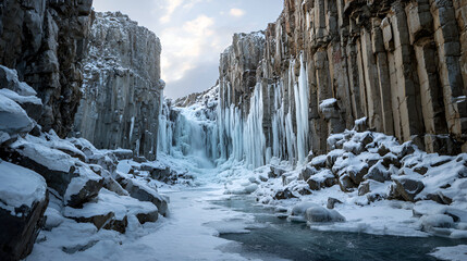 A frozen waterfall surrounded by basalt columns and snow covered rocks in winter landscape