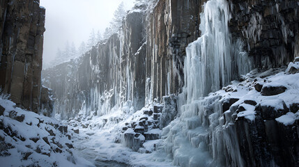 Frozen canyon with ice formations hanging from the cliffs and snow covering the ground area
