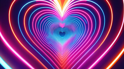 Vibrant neon heart tunnel with multicolor glowing lines, romantic futuristic abstract design.