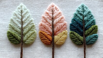 Three hand-stitched leaf-shaped trees in pastel colors on cream-colored fabric