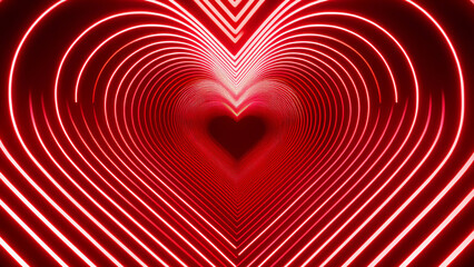 Glowing red neon heart tunnel with bright light lines, romantic futuristic love abstract design.
