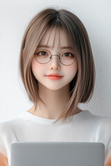Young woman with glasses holding laptop and smiling at camera
