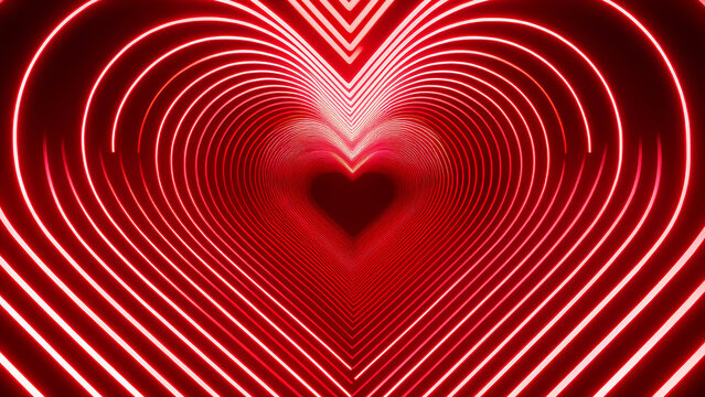 Glowing red neon heart tunnel with bright light lines, romantic futuristic love abstract design.