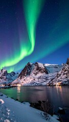 Northern Lights over snowy mountains reflecting on a calm lake