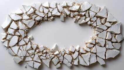 Cracked white oval frame, scattered pieces